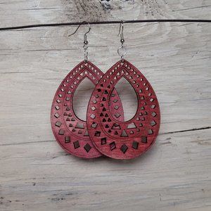 Wood Earrings - Red Teardrop